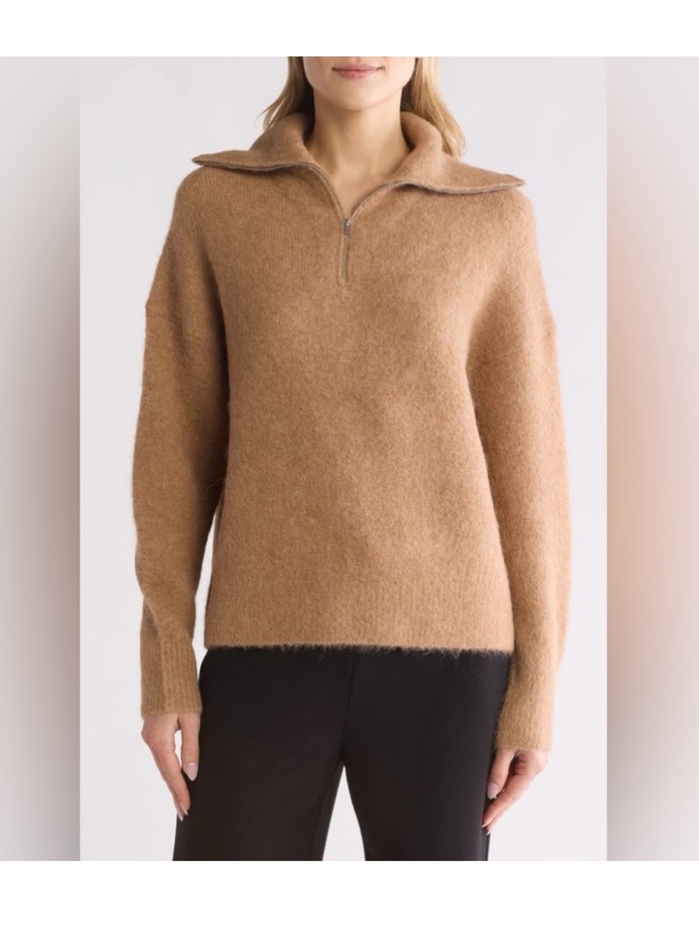 Vince Alpaca Wool Blend 1/4 Zip Funnel Neck Sweater Brown L Fuzzy
